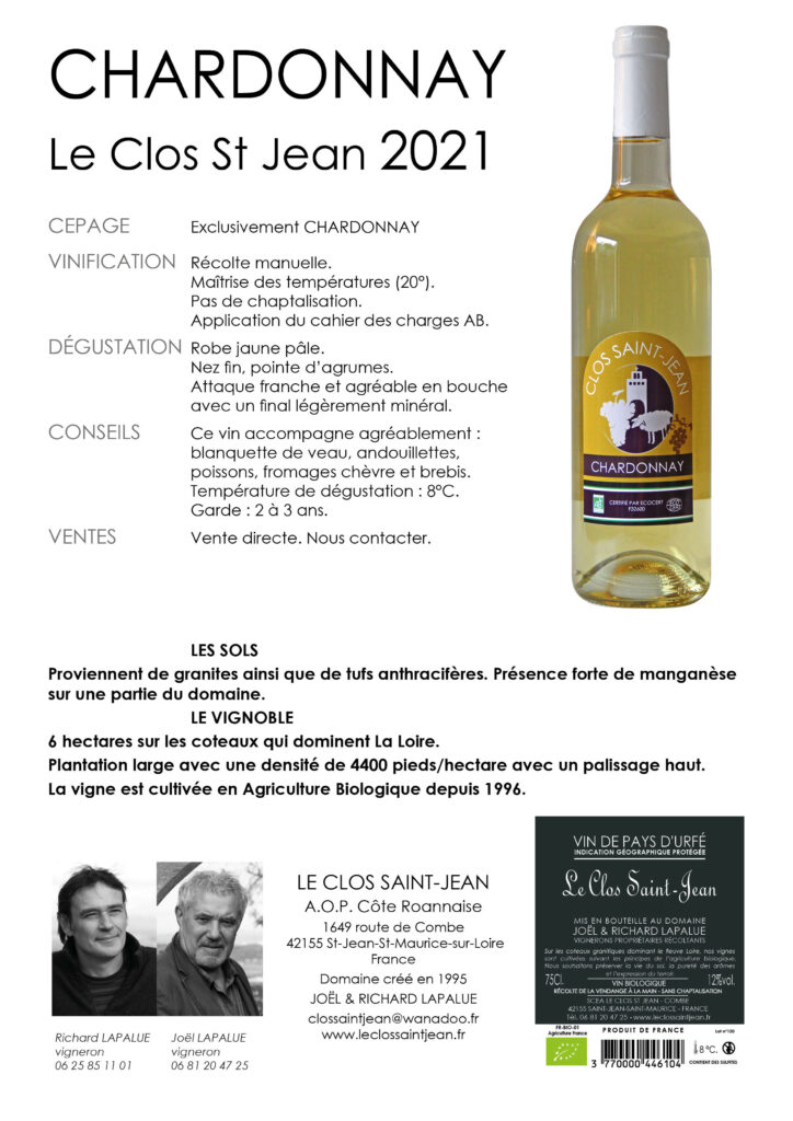 Fiche produit Vin Blanc Chardonnay du Clos Saint Jean